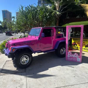 Vintage open-air Jeep ready for island exploration
