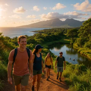 Hikers walking on scenic trail with mountain views