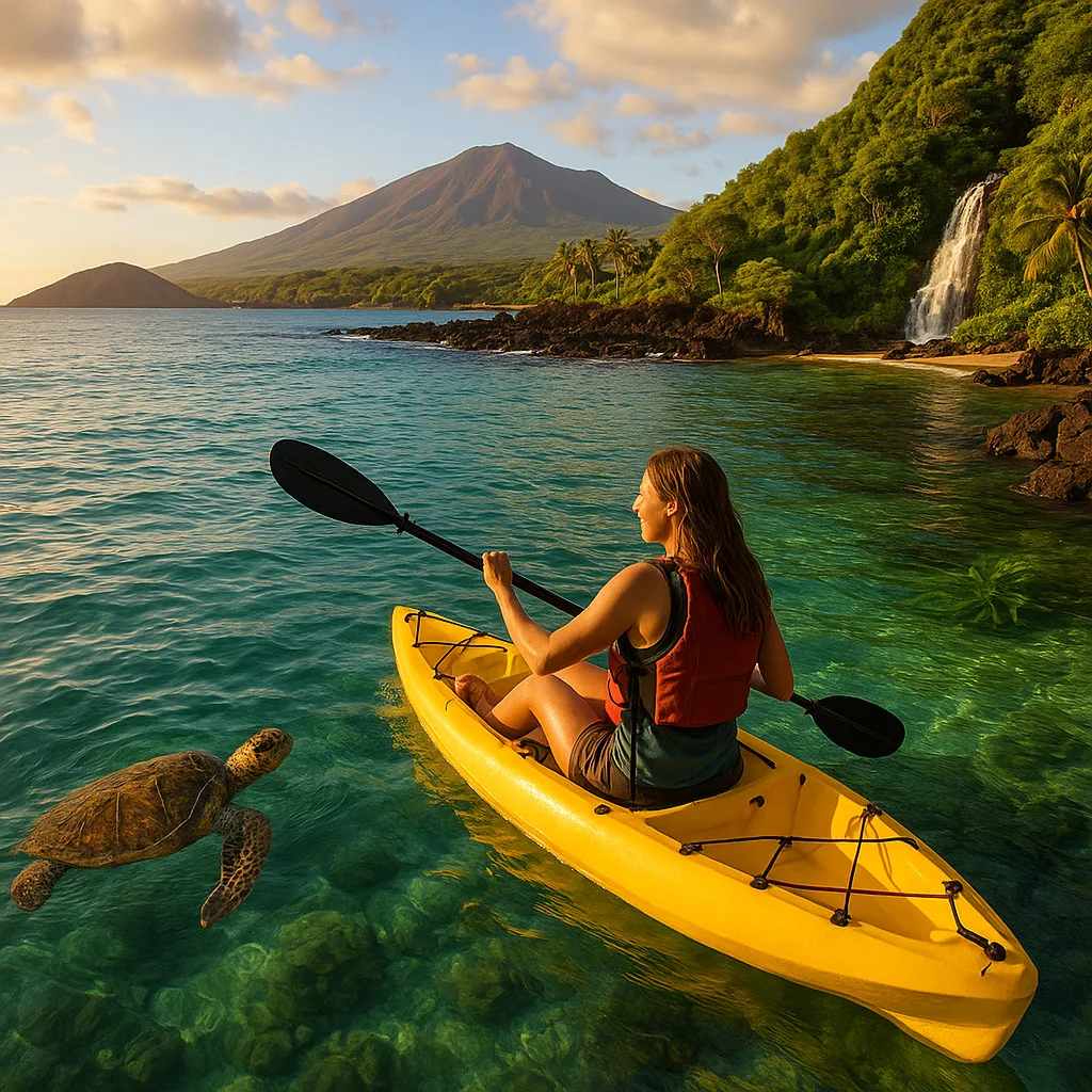 Kayakers paddling near waterfall on Maui coastline