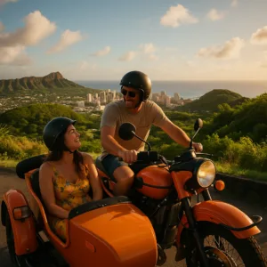 Sidecar motorcycle ascending to Punchbowl Crater