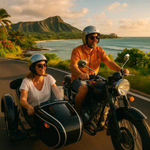 Vintage-style sidecar motorcycle touring Waikiki