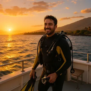 Divers exploring underwater Sheraton Caverns at twilight