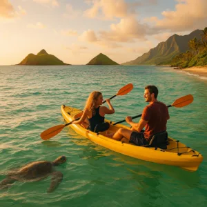 Double kayaks ready for launch on a sandy beach