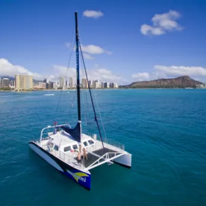 Sailboat cruising near whales off Waikiki coast