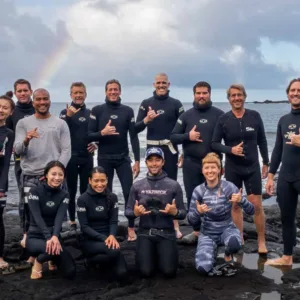 Freediver practicing breath-hold diving in clear waters