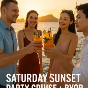 Sunset party cruise with DJ and dancing guests onboard
