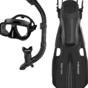 Adult snorkeling gear including mask, snorkel, and fins