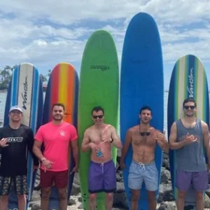 Group of surfers learning basics during a Kona group lesson
