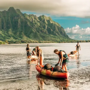 Kayakers exploring Kaneohe Bay sandbar on self-guided trip