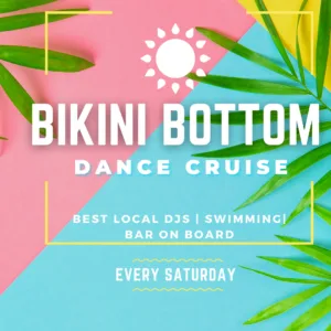 Colorful dance cruise boat sailing near Oahu coastline