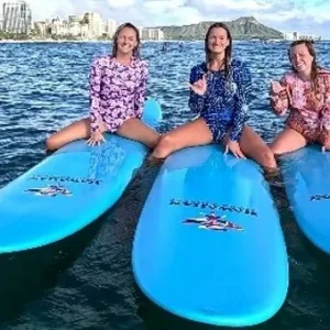 Instructor guiding group on surfboards in gentle waves