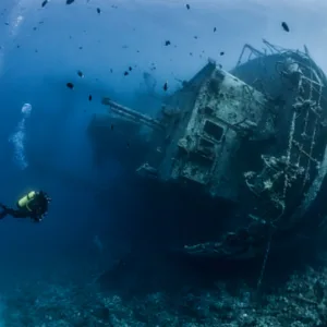 Scuba diver practicing skills underwater near coral reef