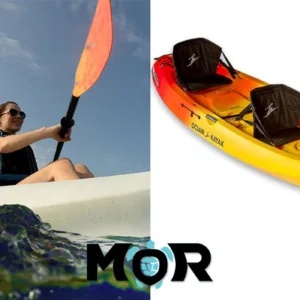 Two people paddling a double kayak on a river