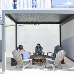 Waterfront cabanas overlooking calm tropical bay