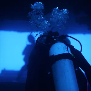 Scuba divers preparing gear before exploring underwater reefs