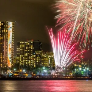 Fireworks illuminating the sky during a Friday evening cruise