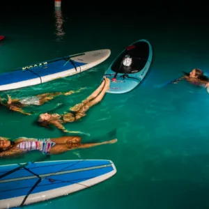 Paddleboarding adventure with glowing water effects at night