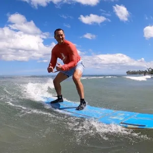 Group enjoying waves on an intermediate surf tour