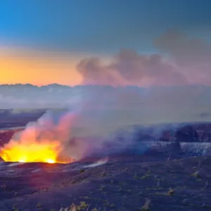 Hikers admiring waterfall on Big Island volcano trail
