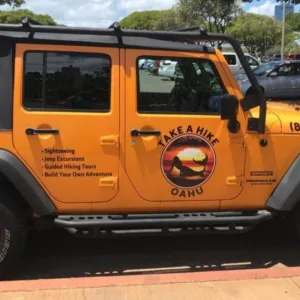 Hikers walking through Waimea Valley towards waterfalls