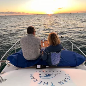 Private boat watching whales at sunset in Waikiki