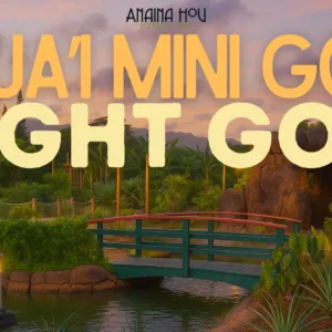 Group playing night golf under soft garden lighting