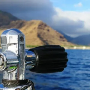 Divers exploring underwater lava tube on Oahu dive