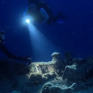 Night scuba dive with glowing sea creatures in dark ocean