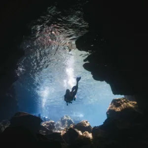 Scuba diver exploring vibrant coral reef underwater