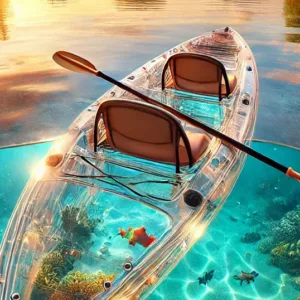 Kayaks lined up on sandy beach ready for rental