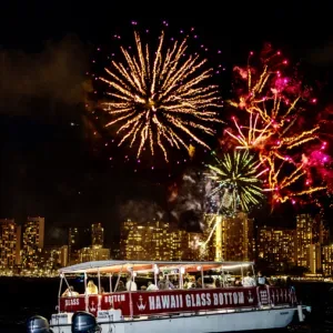 Evening fireworks lighting up the Waikiki sky