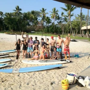 People enjoying paddleboard lessons on calm ocean water