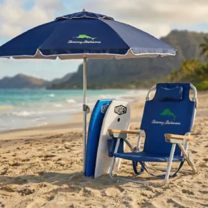 Beach chairs and umbrellas set up for rental