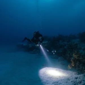 Certified diver exploring lava tube underwater cave