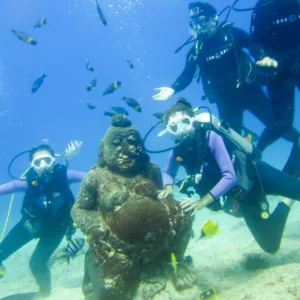 Scuba diving beginners exploring shallow Hawaiian reef