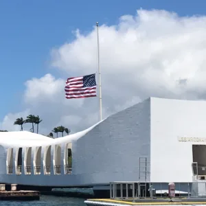 Visitors viewing USS Arizona Memorial at Pearl Harbor