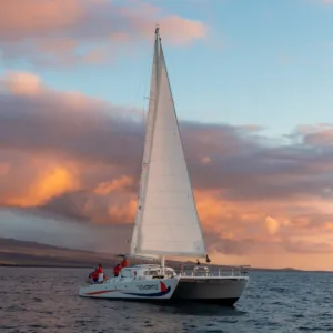 Sailing catamaran cruising near Big Island coastline