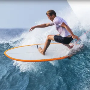 Various surfboards lined up on sandy beach