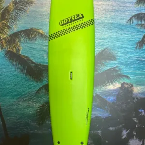 Green 9-foot Odysea surfboard with classic design