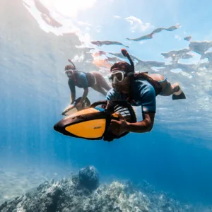 Couple snorkeling near coral reef