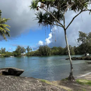 Person learning stand up paddleboarding in calm bay
