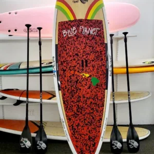 Blue Planet 9'4" paddleboard floating on calm water