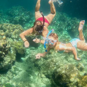 Snorkeler wearing mask and fins in clear Waikiki reef water